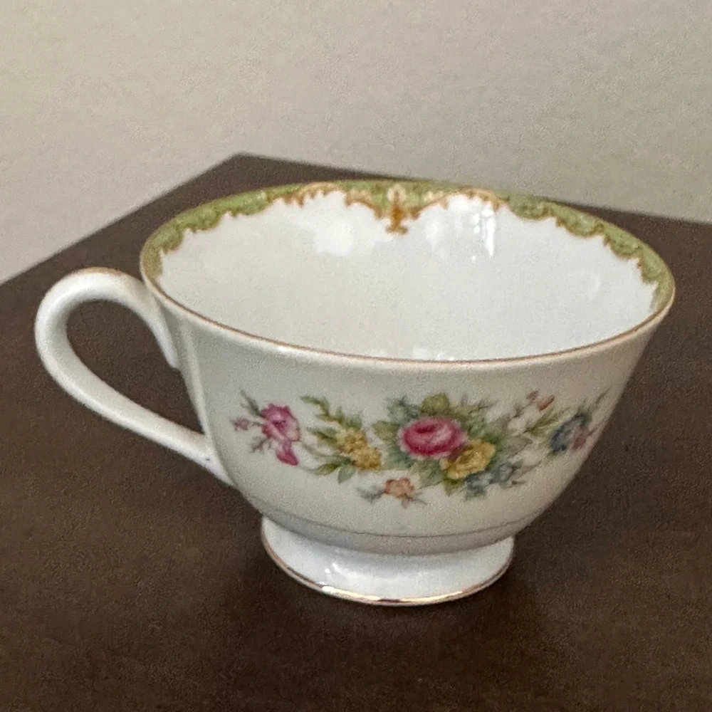 Sango China Cup Saucer Floral Green Gold Rim‎ Vintage Victorian Pattern